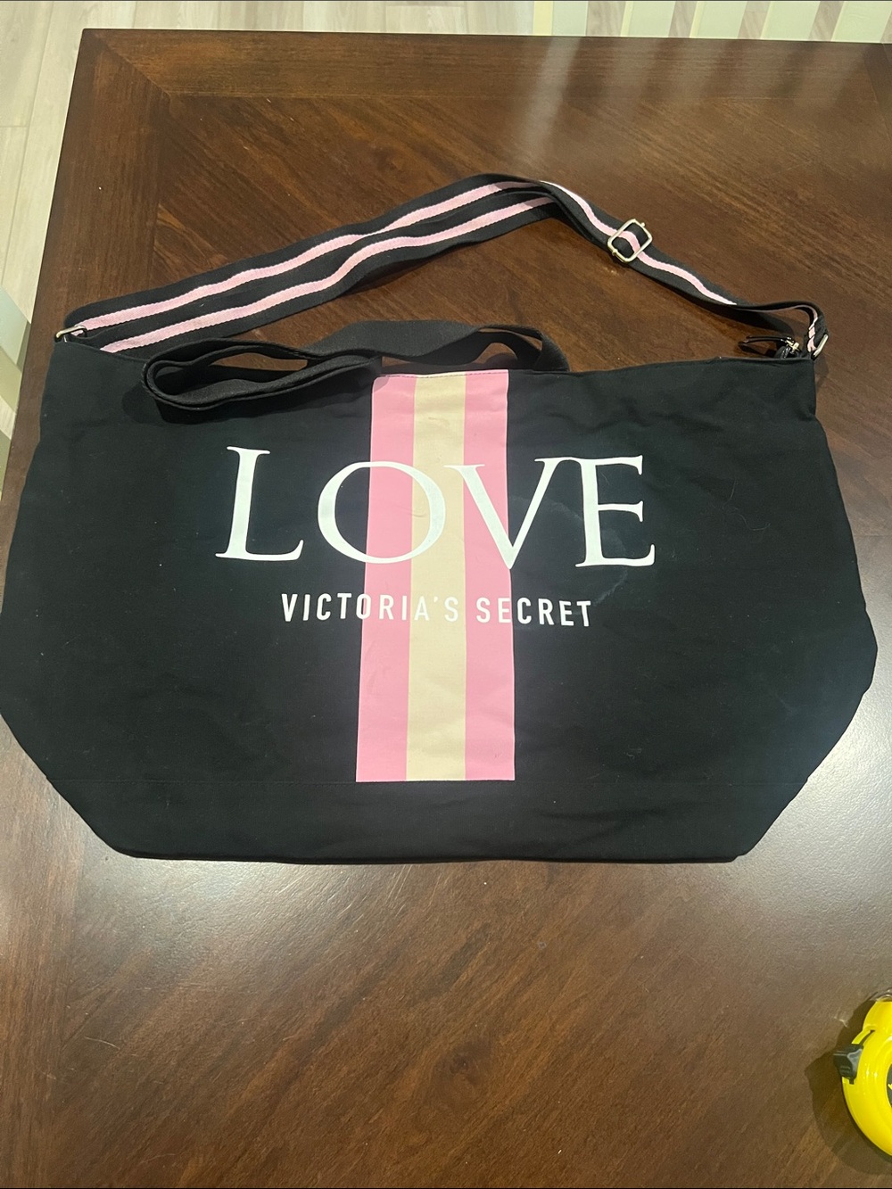Victoria's Secret Black Tote with Pink and Cream Stripe